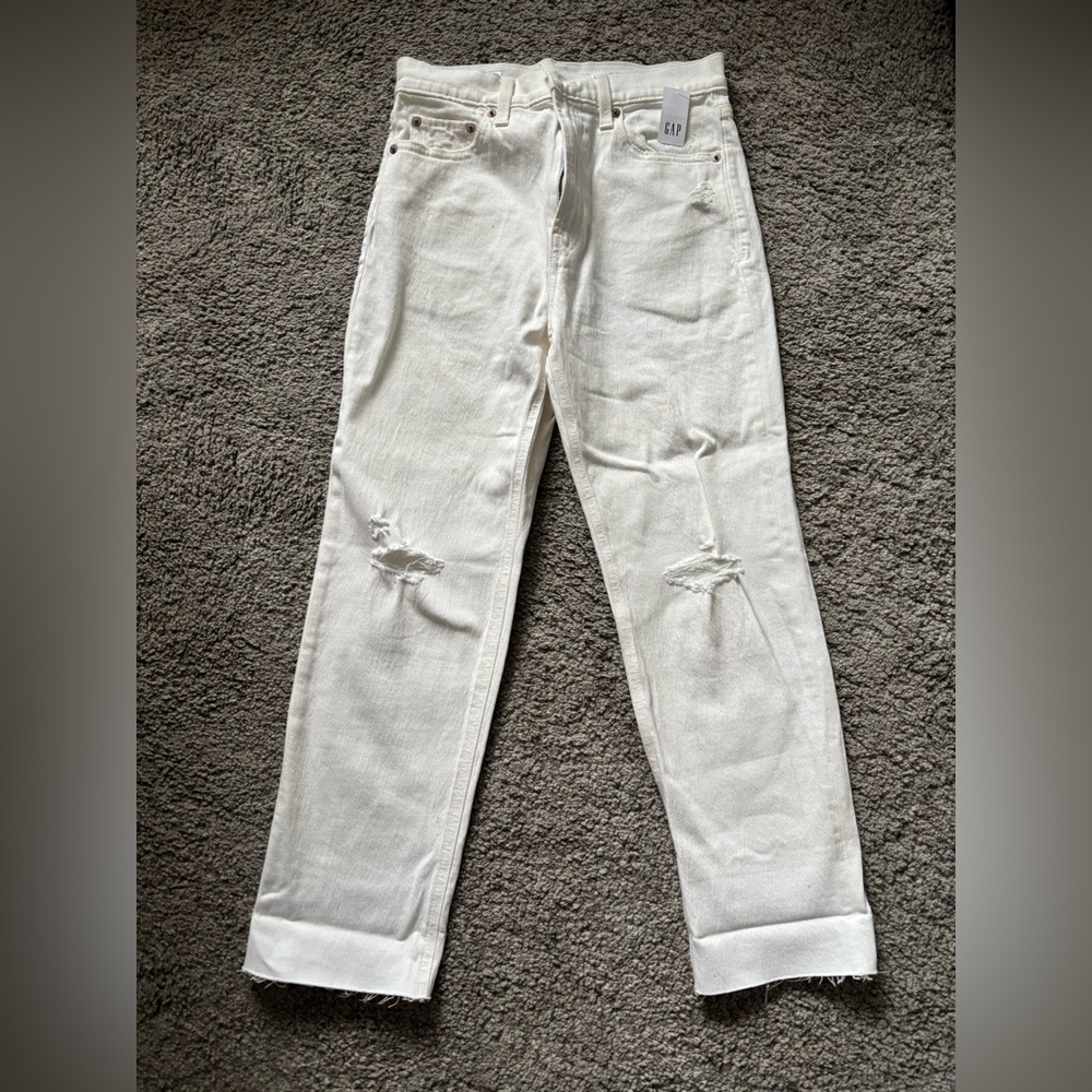 GAP White Straight Jeans with Knee Rips